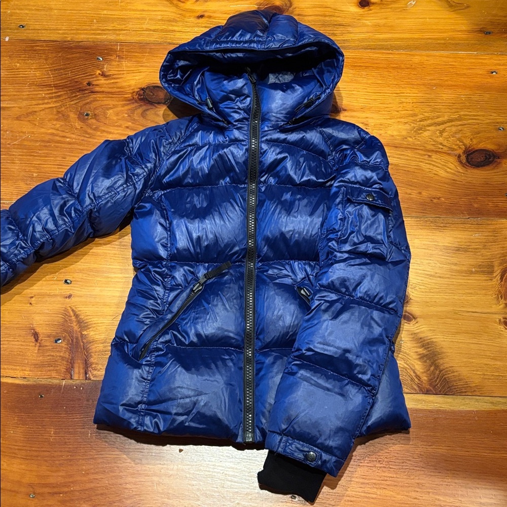 S13 New York M Blue Lacquer Duck Down Puffer Jacket Hooded Zip Up Thumbholes